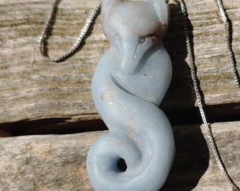 Storm Fox - Elegant Hand Carved Angelite Stone and Sterling Silver Fox Necklace
