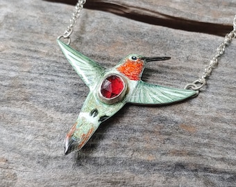 Stunning Hummingbird Handmade Enamel, Garnet, and Sterling Silver Necklace by Elisa Plance