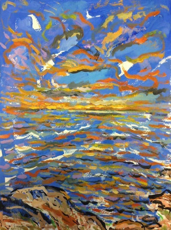 Sundown by the Sea guache Painting by David Sandum 