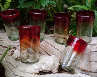 Set of Six Recycled Glass Hand-blown Red Tumblers