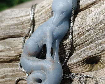 Cloud Fox - Elegant Hand Carved Angelite Stone and Sterling Silver Fox Necklace