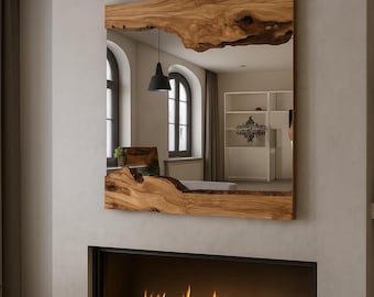 Wood Handmade Mirror, Real Wood Rustic Wall Hanging Wavy Mirror, Olive Wood Framed Wooden Wall Mirror, Asymmetrical Live Edge Wooden Mirror