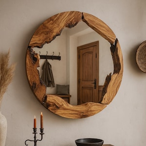 Live Edge Decorative Mirror, Handmade Wood Mirror, Unique Wood Mirror, Olive Wood Round Wall Mirror, Organic Designer Art, Halloween Gift