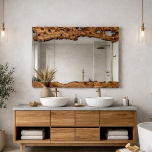 May include: A rectangular mirror with a live edge wooden frame hangs above a wooden vanity with two white vessel sinks. The vanity has multiple drawers and cabinets. The bathroom has a neutral color palette with gold fixtures and decorative elements.