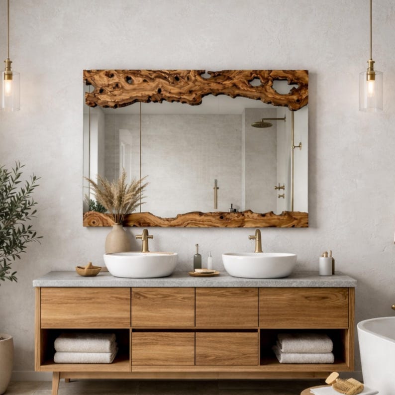 May include: A rectangular mirror with a live edge wooden frame hangs above a wooden vanity with two white vessel sinks. The vanity has multiple drawers and cabinets. The bathroom has a neutral color palette with gold fixtures and decorative elements.