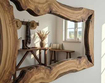 Espejo de pared moderno, espejo con borde natural, espejo de madera hecho a mano, espejo de pared rústico, espejo para sala de estar, regalo de Navidad, regalo de Halloween