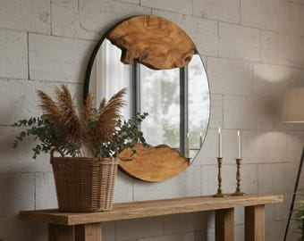 Handgemaakte houten spiegel, live edge-spiegel, olijfhouten spiegel, unieke houten spiegel, handgemaakte houten spiegel, organische designerkunst, wandspiegel