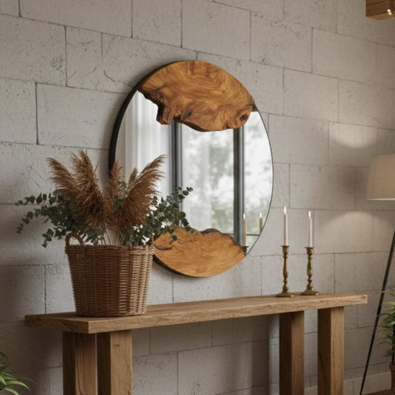 Handmade Wood Mirror, Live Edge Mirror, Olive Wood Mirror, Unique Wood Mirror, Handcrafted Wood Mirror, Organic Designer Art, Wall Mirror