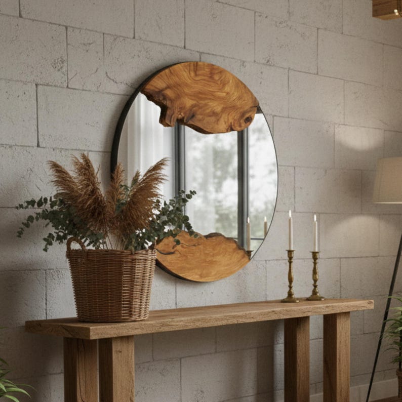 Espejo de madera hecho a mano, espejo de borde natural, espejo de madera de olivo, espejo de madera único, espejo de madera artesanal, arte de diseño orgánico, espejo de pared imagen 1