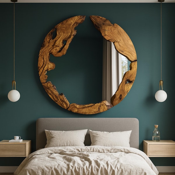 Live Edge Decorative Mirror, Handmade Wood Mirror, Unique Wood Mirror, Olive Wood Round Wall Mirror, Organic Designer Art, Halloween Gift