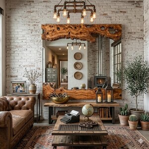 May include: A rustic living room with a large wooden mirror, a brown leather sofa, and a wooden coffee table. The room features a brick wall, a vintage typewriter, and a globe. A chandelier hangs above the mirror.