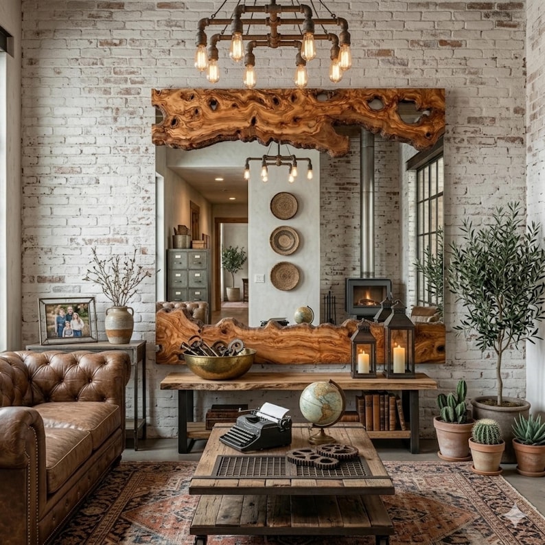 May include: A rustic living room with a large wooden mirror, a brown leather sofa, and a wooden coffee table. The room features a brick wall, a vintage typewriter, and a globe. A chandelier hangs above the mirror.