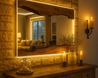 Moderner Wandspiegel, Live Edge LED Spiegel, Handgemachter Holzspiegel, Dekorativer LED Wandspiegel, Badezimmerspiegel, Halloween Geschenk, Weihnachtsgeschenk