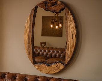 Handmade Oval Decorative Mirror, Live Edge Modern Wall Mirror, Natural Wood Living Room Mirror, Bathroom and Toilet Mirror, Christmas Gift