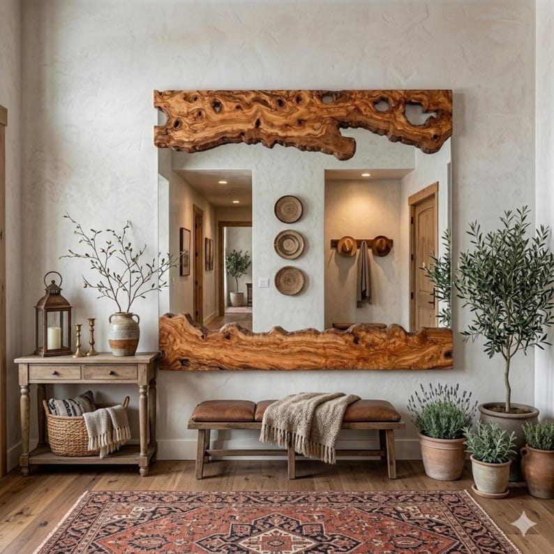 May include: A large, rectangular mirror with a natural wood frame hangs above a bench in a hallway. The frame has a unique, organic shape. A wooden console table, a patterned rug, and potted plants complete the rustic decor.
