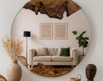 Handmade Round Wood Mirror, Live Edge Mirror, Olive Wood Mirror, Unique Wood Mirror, Organic Designer Art, Wall Mirror, Christmas Gift
