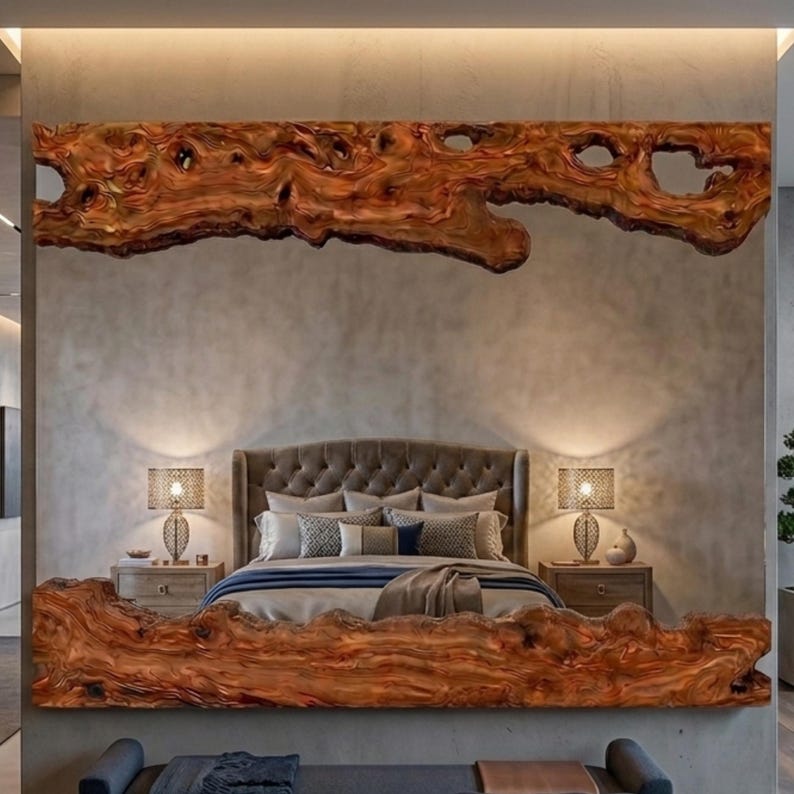 May include: A bedroom with a large, natural wood headboard and footboard. The headboard is a dark, textured wood with a unique, organic shape. The bed is made with a gray upholstered headboard, and the room is decorated with neutral tones.