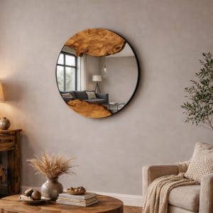 Espejo de madera hecho a mano, espejo de borde natural, espejo de madera de olivo, espejo de madera único, espejo de madera artesanal, arte de diseño orgánico, espejo de pared imagen 12