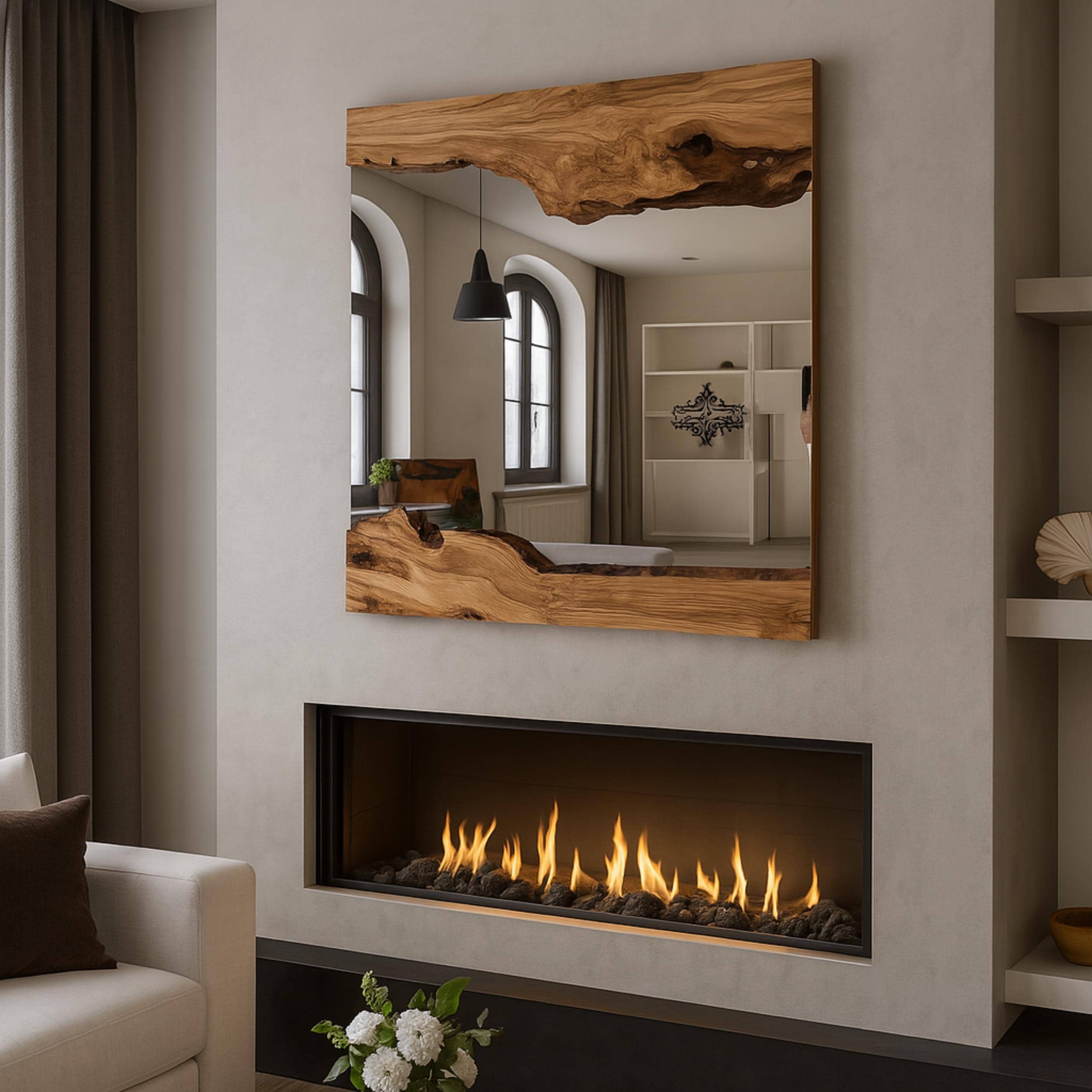 Wood Handmade Mirror, Real Wood Rustic Wall Hanging Wavy Mirror, Olive Wood Framed Wooden Wall Mirror, Asymmetrical Live Edge Wooden Mirror