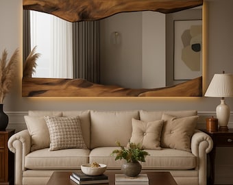 Modern Wall Mirror with LED Lights, Live Edge Handmade Mirror