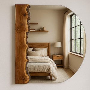 Live Edge Holzspiegel, handgefertigtes rustikales, modernes Dekor, handgemachte Hauskunst, einzigartige Wandkunst, Holzwanddekor, großer Wandspiegel, Badezimmerspiegel