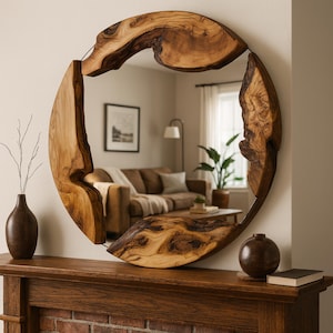 Olive Wood Round Wall Mirror, Live Edge Decorative Mirror, Handmade Wood Mirror, Unique Wood Mirror, Organic Designer Art, Christmas Gift