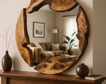 Olive Wood Round Wall Mirror, Live Edge Decorative Mirror, Handmade Wood Mirror, Unique Wood Mirror, Organic Designer Art, Christmas Gift