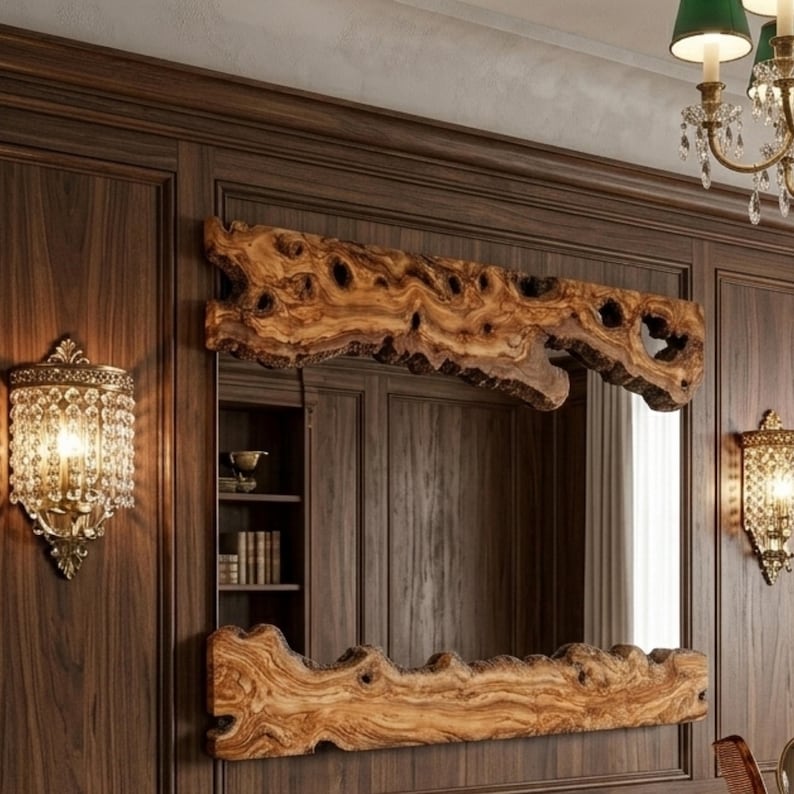 May include: A rectangular mirror with a natural wood frame, mounted on a dark wood paneled wall. The frame has a unique, organic shape with knots and holes. Two ornate sconces flank the mirror, and a chandelier is visible.