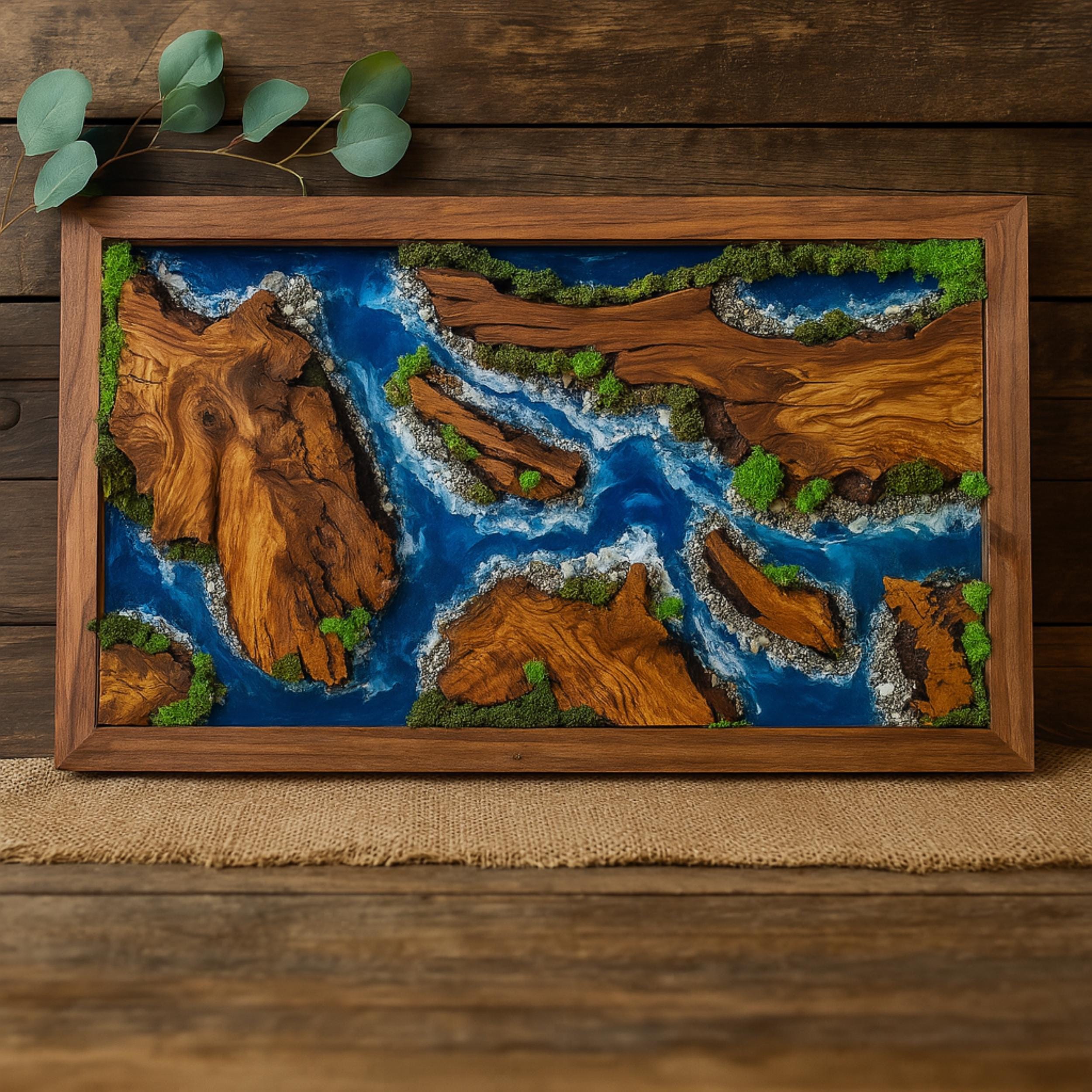 Epoxy Wood Wall Decor, Moss Art Wall Decor, Epoxy Resin Art, Unique Wall Decor, Moss Wall Art, Home Decor, Textured Wall Art, River Art Wood