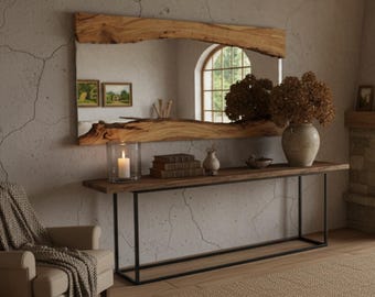 Handgemaakte live edge olijfhouten spiegel, rustieke natuurlijke wandspiegel, boerderijdecor, moderne houten spiegel, uniek interieur, kerstcadeau