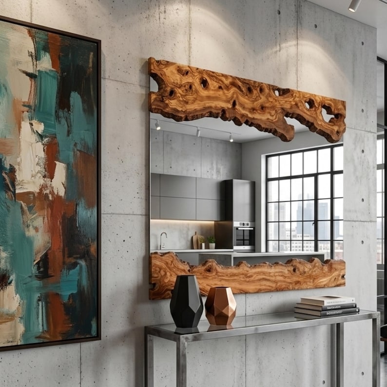 May include: A large rectangular mirror with a natural wood frame, mounted on a concrete wall. The frame has a unique, organic edge. Below the mirror, a metal console table holds black and copper-colored vases and books. An abstract painting hangs on the left.