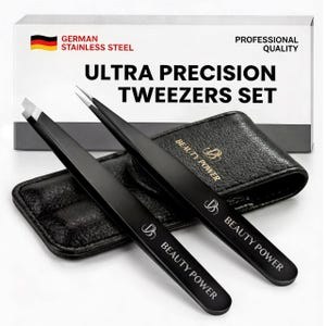 May include: Two black stainless steel tweezers with slanted and pointed tips, featuring the text BEAUTY POWER. They are displayed with a black textured leather storage case and a white box labeled GERMAN STAINLESS STEEL ULTRA PRECISION TWEEZERS SET.