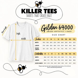 A Gildan 64000 unisex softstyle t-shirt size chart showing width, length, and sleeve measurements in inches and centimeters for sizes XS through 5XL.