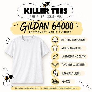An informational graphic featuring a white Gildan 64000 softstyle adult t-shirt with icons and text highlighting features like ring-spun cotton and tear-away label.