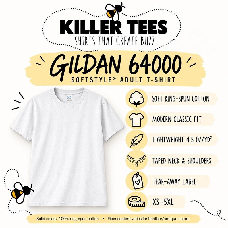 An informational graphic featuring a white Gildan 64000 softstyle adult t-shirt with icons and text highlighting features like ring-spun cotton and tear-away label.