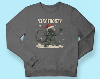 Stay Frosty Xenomorph Sweatshirt, Christmas Alien Crewneck, Holiday Movie Lover Gift