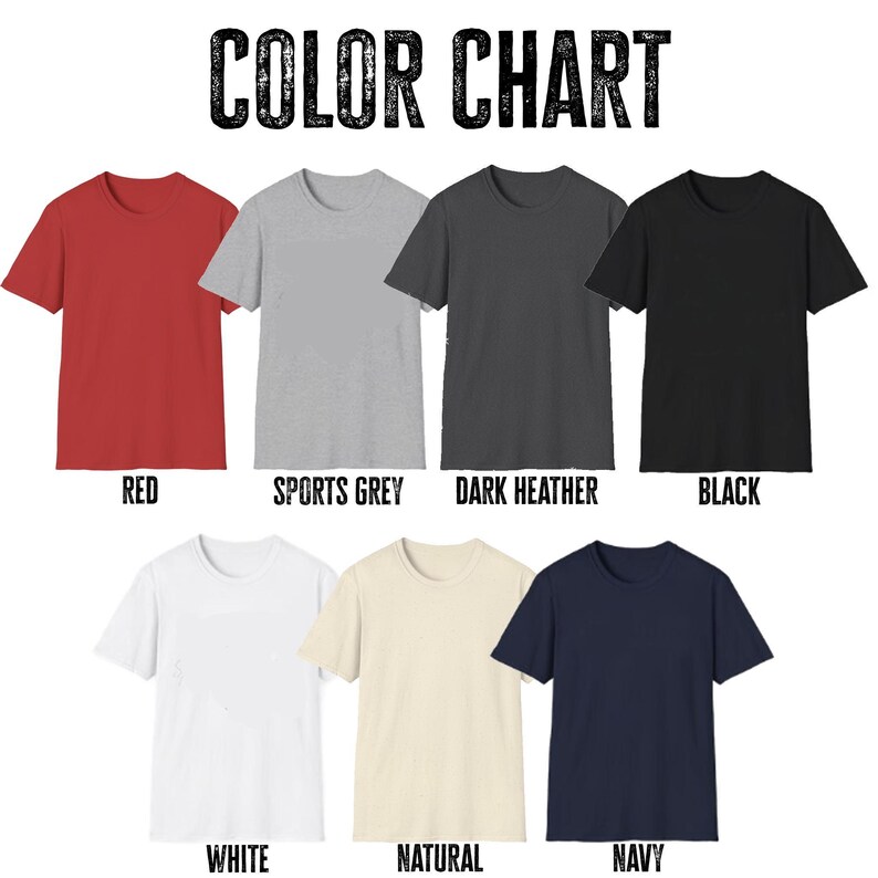 A color chart displaying seven solid and heather t-shirt colors with labels: red, sports grey, dark heather, black, white, natural, and navy.