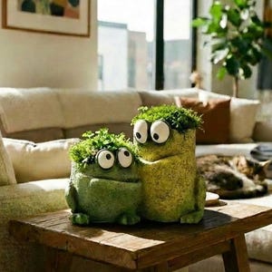 May include: Two whimsical, green frog-shaped planters with large, googly eyes and a grassy top, sitting on a wooden table. The planters are in a living room setting, adding a touch of fun to the decor.