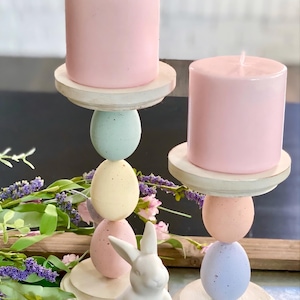 Drewniany świecznik w kształcie jajka pastelowego | Wiosenny i wielkanocny akcent dekoracyjny