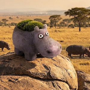 May include: A whimsical, purple hippo planter with a green plant sprouting from its head. The hippo is perched on a rock, with hippos grazing in the background. The planter has large, cartoonish eyes and a friendly expression, perfect for adding a touch of fun to any space.
