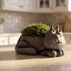 Puede incluir: Una maceta gris con forma de gato, con una cara sonriente y ojos grandes y redondos. La maceta está llena de musgo verde. El gato está tumbado, con las patas y la cola visibles. Un objeto decorativo para plantas.