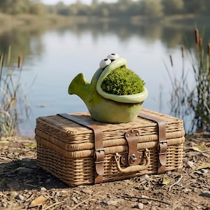 Może przedstawiać: Kapryśna, zielona ceramiczna doniczka w kształcie ryby z ruchomymi oczami, zawierająca kępkę zielonego mchu, stoi na wiklinowym koszu piknikowym z brązowymi skórzanymi paskami i uchwytem. Scena rozgrywa się na zewnątrz, w pobliżu jeziora.