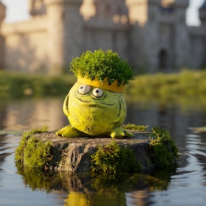 Puede incluir: Una escultura caprichosa en forma de rana verde lima, con una corona amarilla y una cabeza de follaje verde. La rana está sentada en un tocón cubierto de musgo en el agua, con un castillo al fondo. La escultura tiene ojos grandes y expresivos.