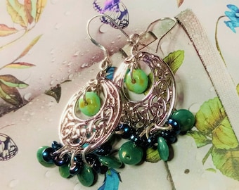 Silver Celtic Knot Earrings, Light Green Czech Glass Teardrops