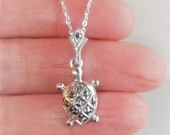 Sterling Silver Marcasite Turtle Pendant, Turtle Jewelry, Layering Necklace, Christmas Gifts for Her.
