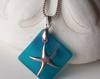 Blue Sea Glass Starfish Pendant: Sterling Silver Beach Necklace