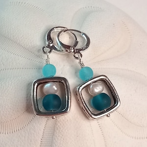 Earrings Geometric Blue Sea Glass. Silver and Blue Earrings, 2 Tone Blue Earrings, Tropical Jewelry, Seashell, Pearl, Beach Jewelry