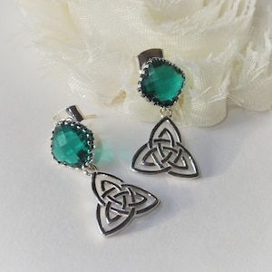 Emerald Triquetra Knot Earrings, May Birthstone Gift, Celtic Earrings, Charmed, Sterling Silver, Irish Earrings, Irish Jewelry