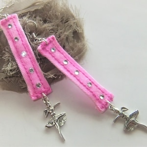 Earrings, Handmade, Ballerina Gift, Pink Denim, Rhinestone, Minimalist, Gift Ideas