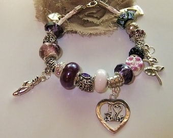 Purple Ballerina Big Bead Charm Bracelet, Silver, Ballet Bracelet, Dance, Bracelets for Girls, Bracelet Gift